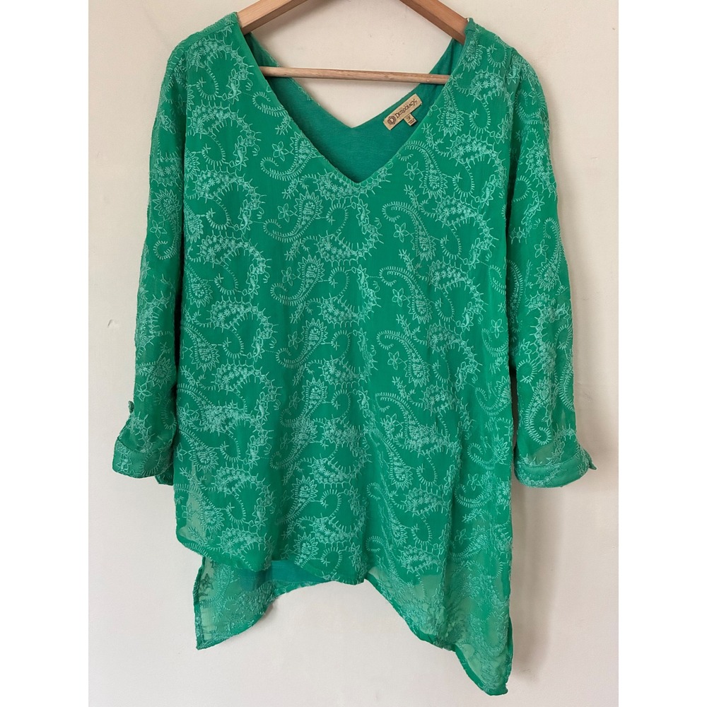 Democracy Fairycore Green Embroidered Paisley V-Neck Blouse Tie Sleeve Size M